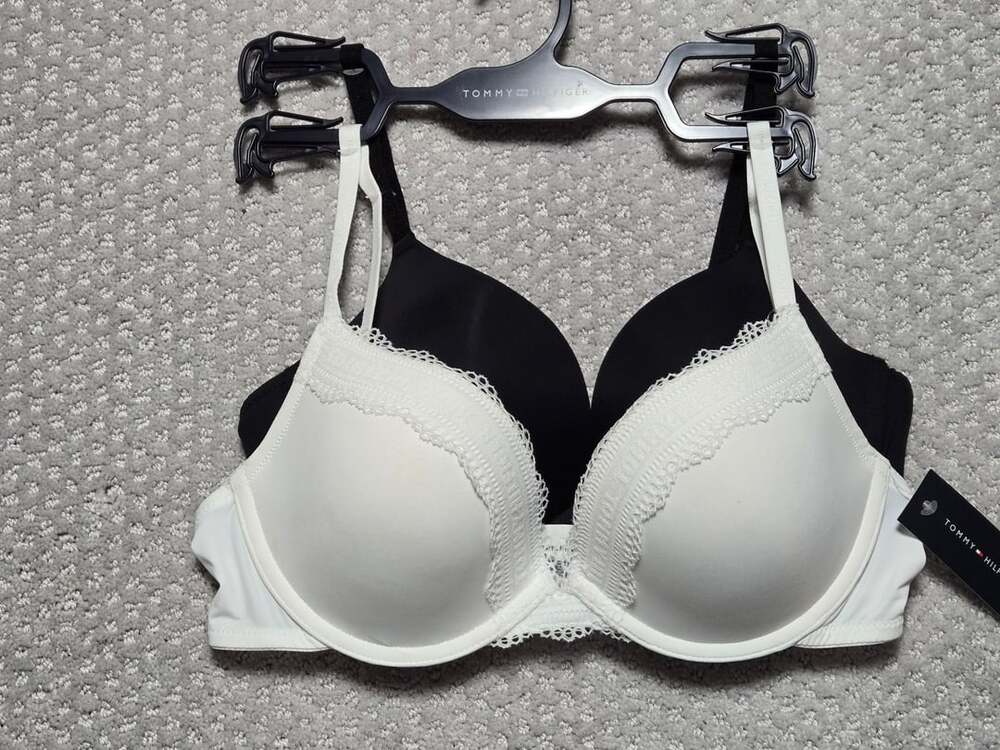 Tommy Hilfiger 2-Pack Push-Up Bra Size 34C White Black Logo Lace Trim